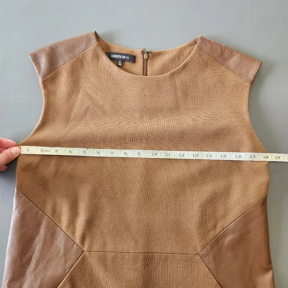 Lafayette 148 New York Sz 6 Dress Brown Genuine Leather Trim Pockets Sleeveless - Picture 7 of 12